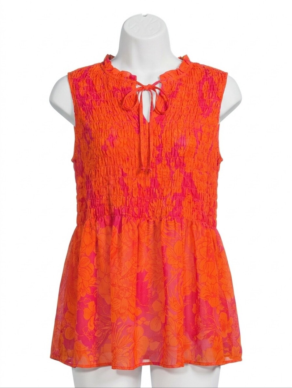 Rose + Olive - Pink & Orange- Floral Sleeveless - Smocked Blouse- Sz. M